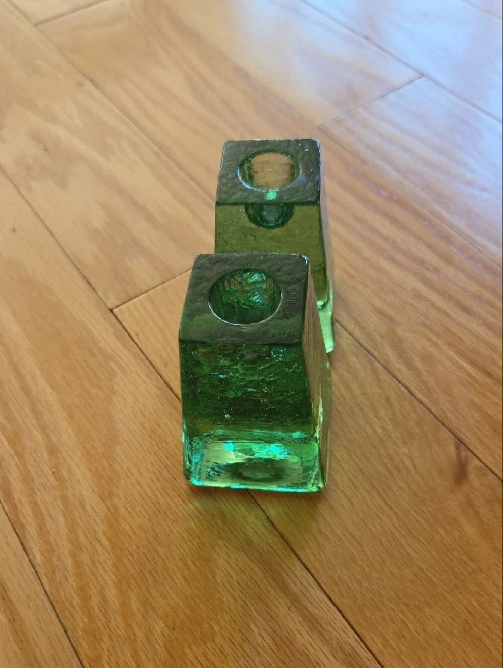 Fire and Light Signed Green Glass Taper Candle Holders - Pair